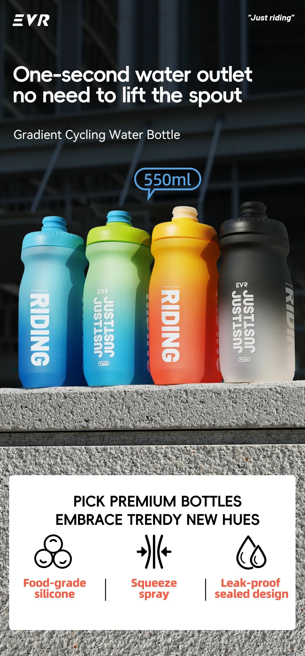 A row of five 550ml Gradient Cycling Water Bottles in various colors lined up on a gray surface.