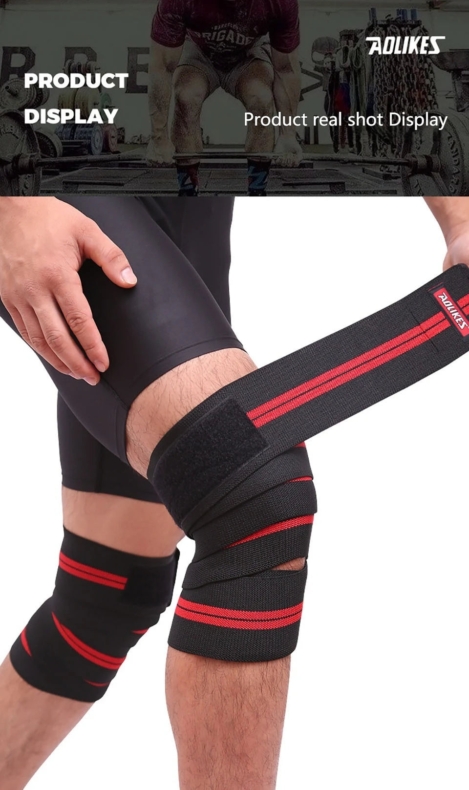 A person wearing black compression knee wraps with red stripes on their lower leg.