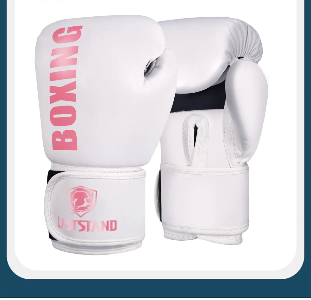 A pair of white PU leather boxing gloves with pink lettering and a logo on the wrist strap.