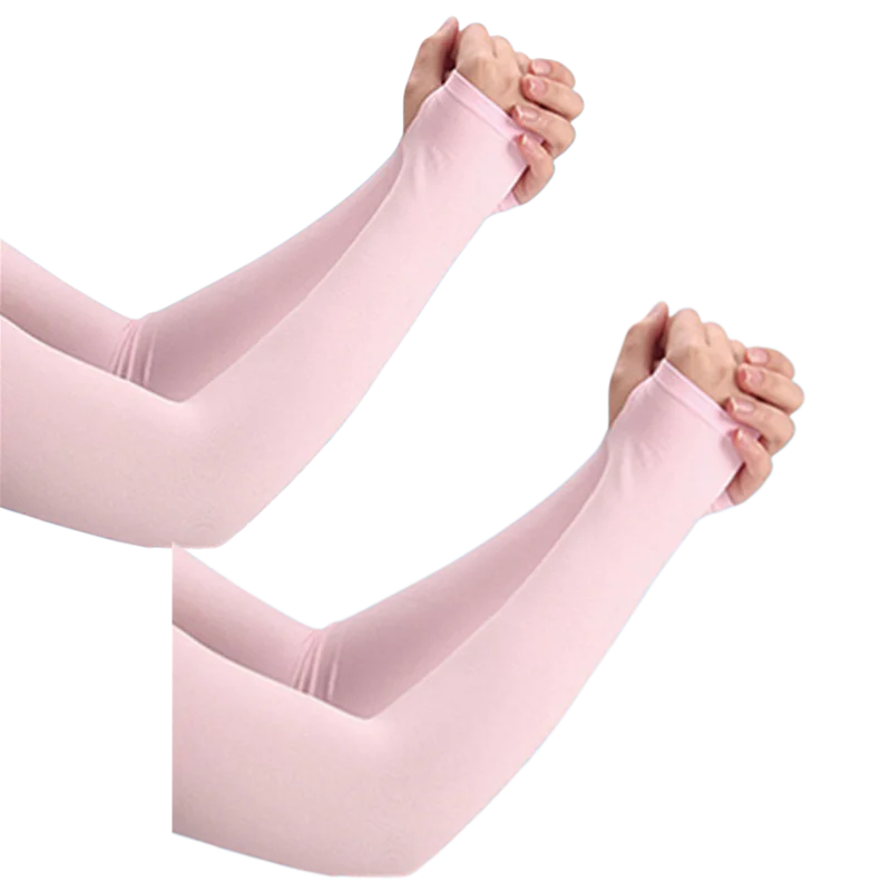 A pair of light pink ice silk arm sleeves being held together.