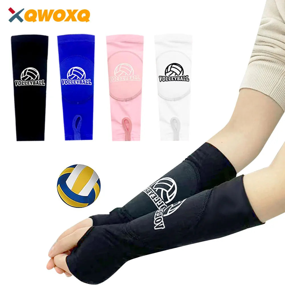 Set of three colored padded volleyball arm sleeves and a yellow volleyball
