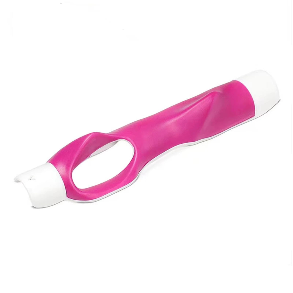 A pink and white portable golf swing grip trainer tool.