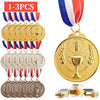 A collection of gold, silver, and bronze sports achievement medals hanging from ribbons.