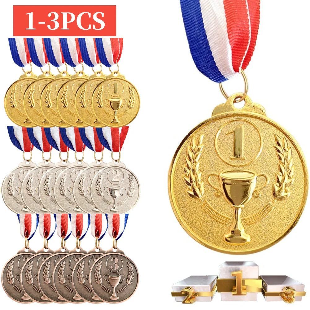 A collection of gold, silver, and bronze sports achievement medals hanging from ribbons.