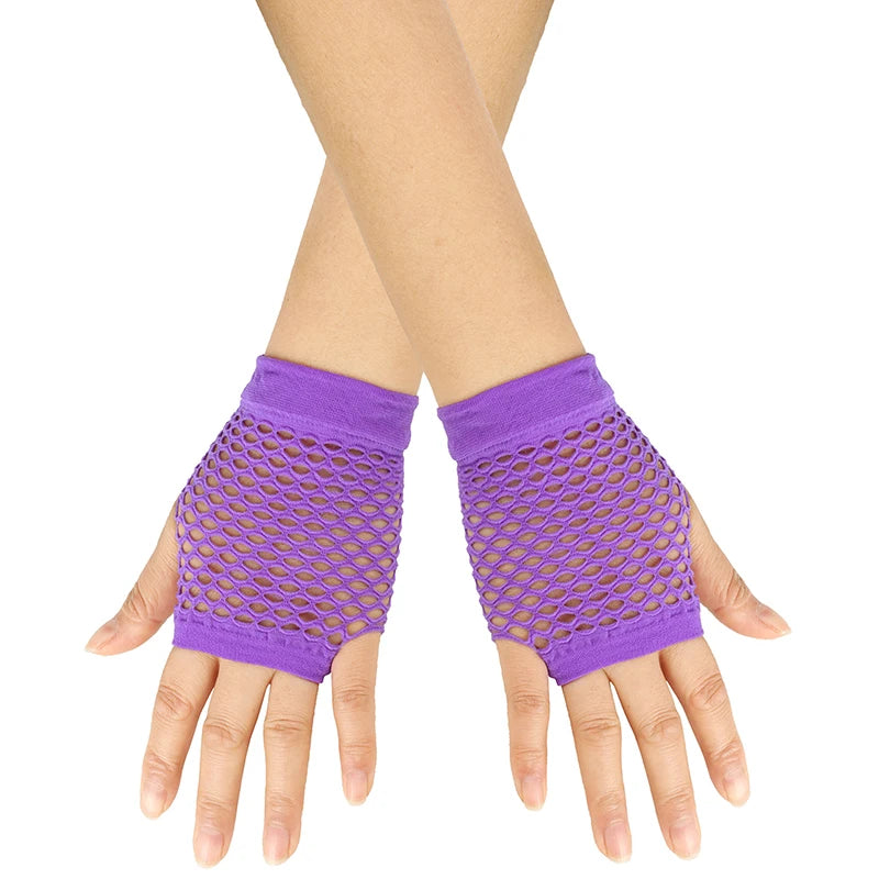 Purple mesh fingerless gloves worn on a hand, showing the design and fit.