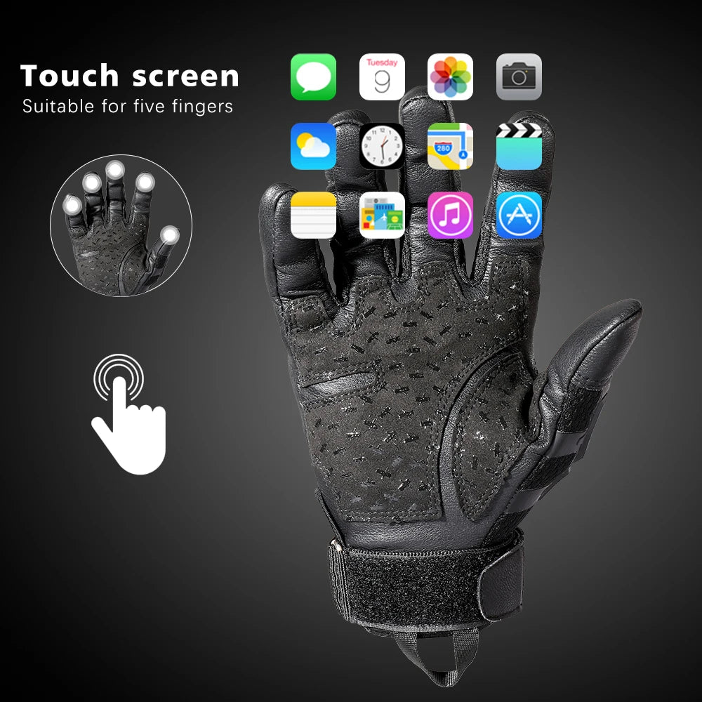 A black tactical PU leather finger glove shown with various icons displayed on a touchscreen interface.