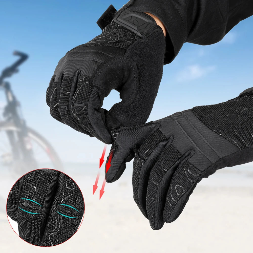 Close-up of black tactical touchscreen sports gloves being worn, showing the textured palm area.