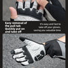 Close-up of black windproof cycling gloves showing easy pull tab removal and palm vent hole detail