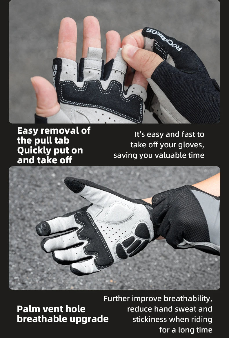 Close-up of black windproof cycling gloves showing easy pull tab removal and palm vent hole detail