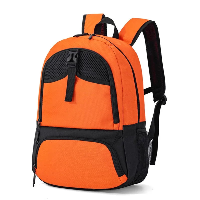 Orange multi-sport fitness backpack with a black shoe pocket and adjustable straps