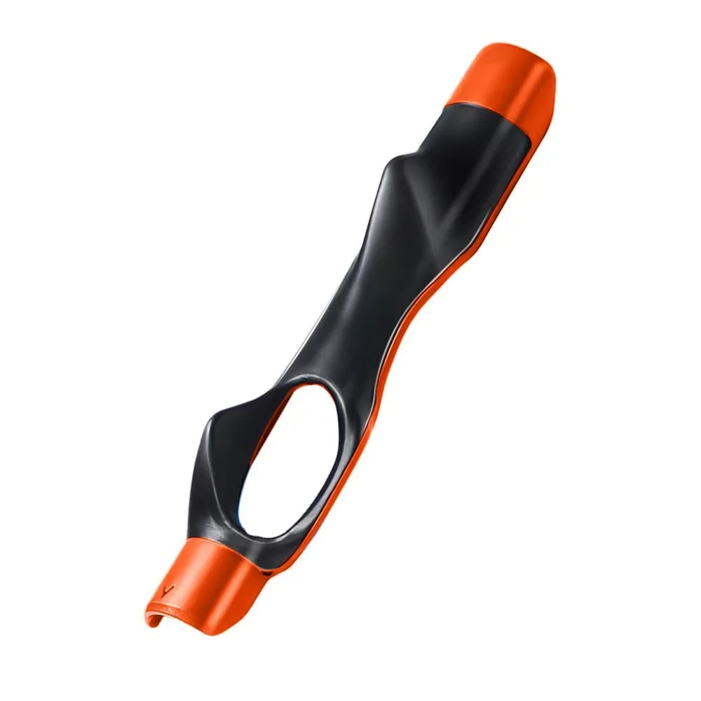 An orange and black precision golf club grip trainer for posture correction.