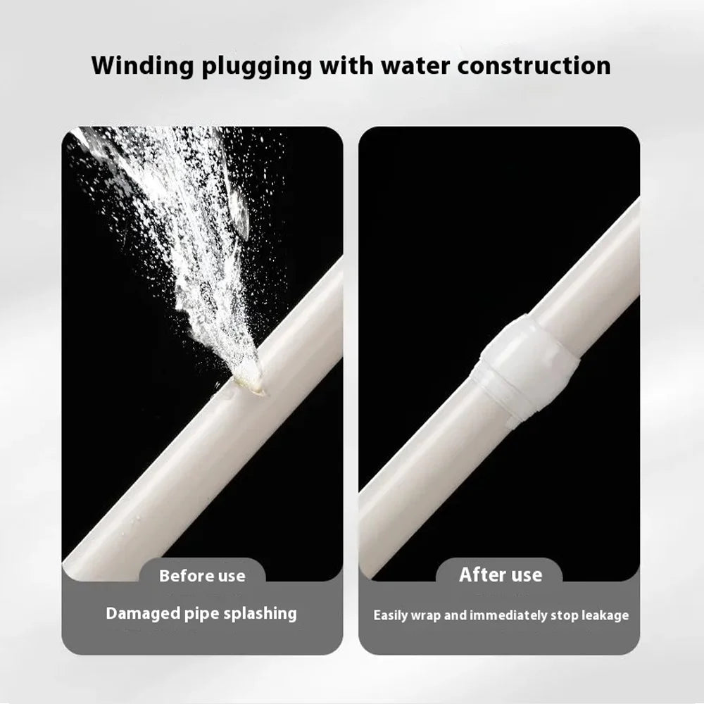 Demonstration of a self-fusing silicone repair tape plugging a leak, showing before and after usage.