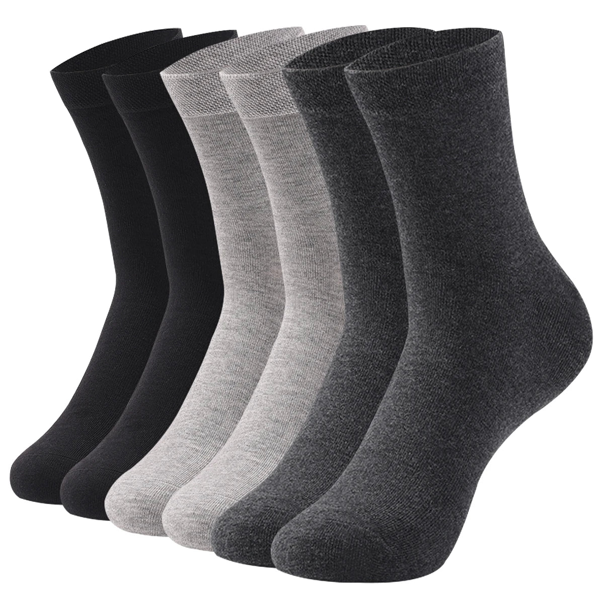 Une rangée de chaussettes de coton premium à col roulé dans diverses nuances de gris et de noir, présentées verticalement.