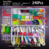 A collection of 240 fishing lures including soft baits, spoons, hooks, and accessories packaged in a clear plastic box.