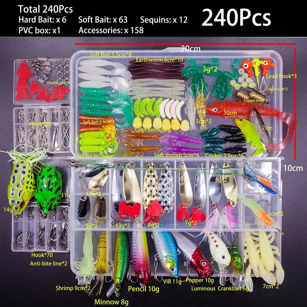 A collection of 240 fishing lures including soft baits, spoons, hooks, and accessories packaged in a clear plastic box.