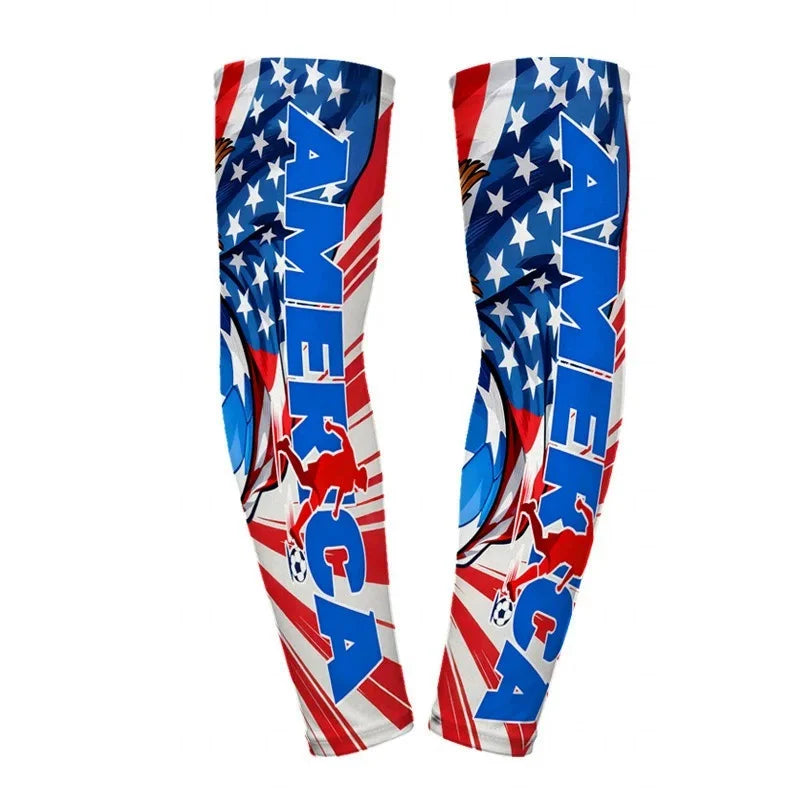 A pair of patriotic American flag arm sleeves featuring stars and stripes for sports and sun protection.