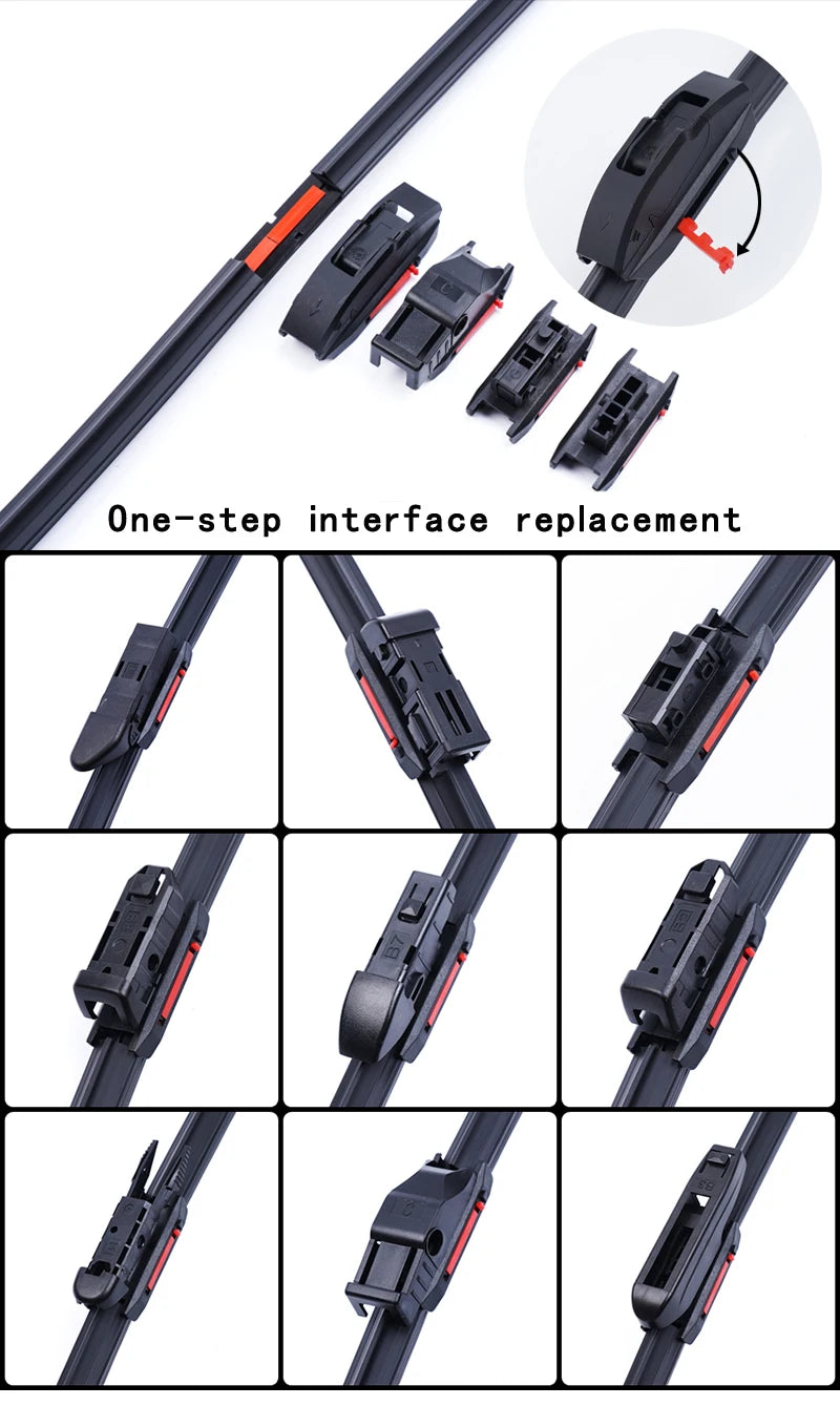 A set of universal car wiper blades and replacement interface components for one-step installation.