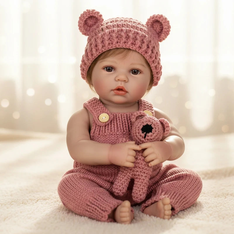 Baby in pink knitted bear hat and matching outfit sitting on a white blanket.