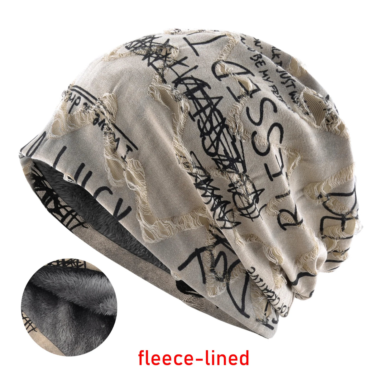 Vintage Letter Print Beanie Hat with Fleece Lining