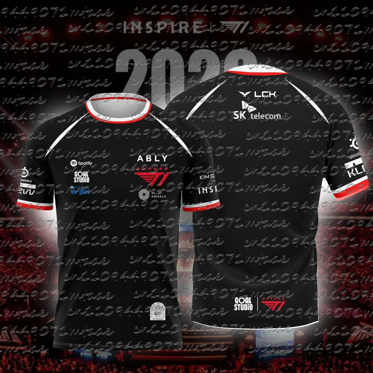 A black esports team jersey with red accents and sponsor logos displayed from the back.