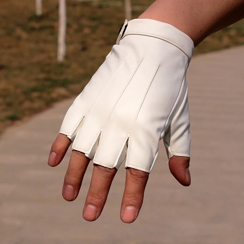A close-up of a hand wearing white PU leather fingerless fitness gloves.
