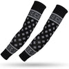 A pair of black sports arm sleeves featuring white paisley and geometric patterns.