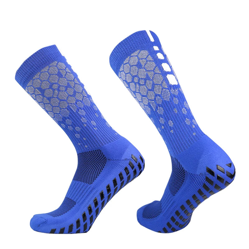 Blue honeycomb grip football socks shown from the side