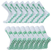 A set of white non-slip grip socks with green text and logos arranged in a row.