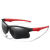 Black sports sunglasses with red frames shown in a profile view.