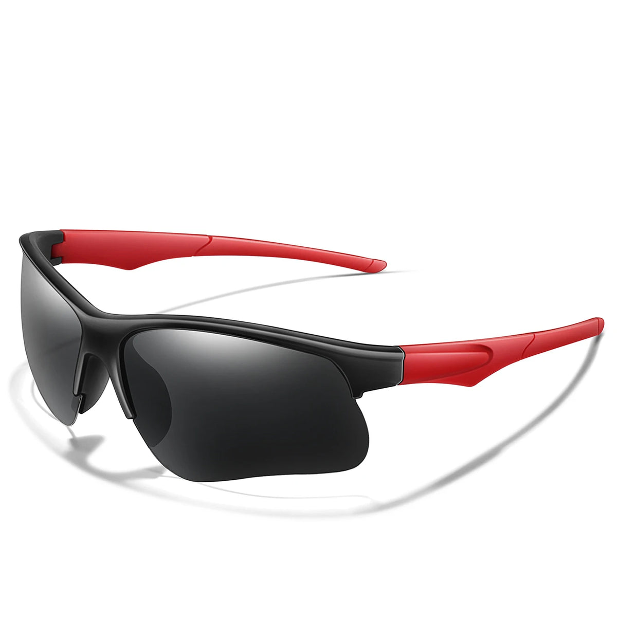Black sports sunglasses with red frames shown in a profile view.