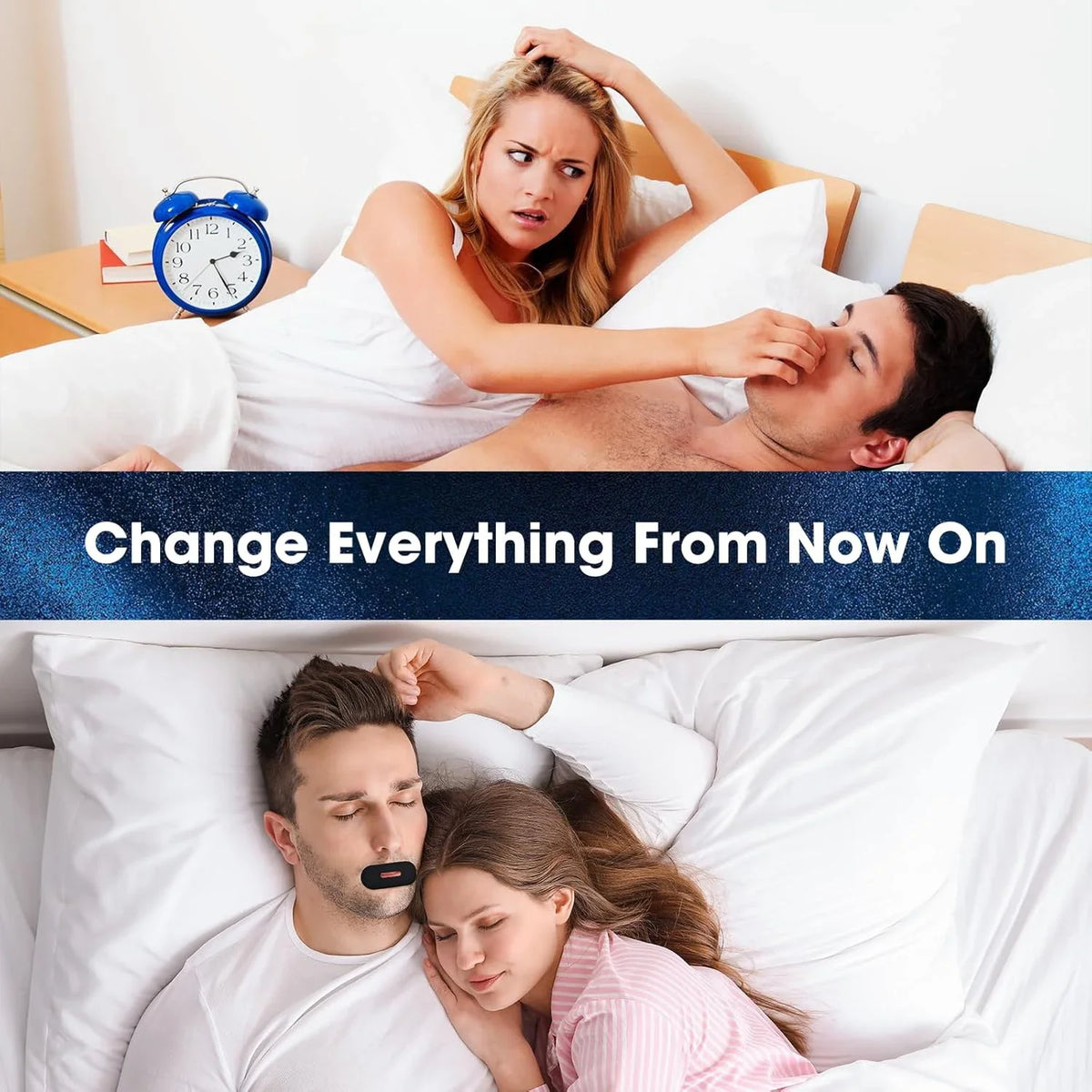 A man and a woman are lying in bed, with a woman applying nasal strips to a man's nose.