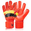 Un par de guantes de portero naranja brillante con detalles en negro y amarillo, mostrados contra un fondo blanco.