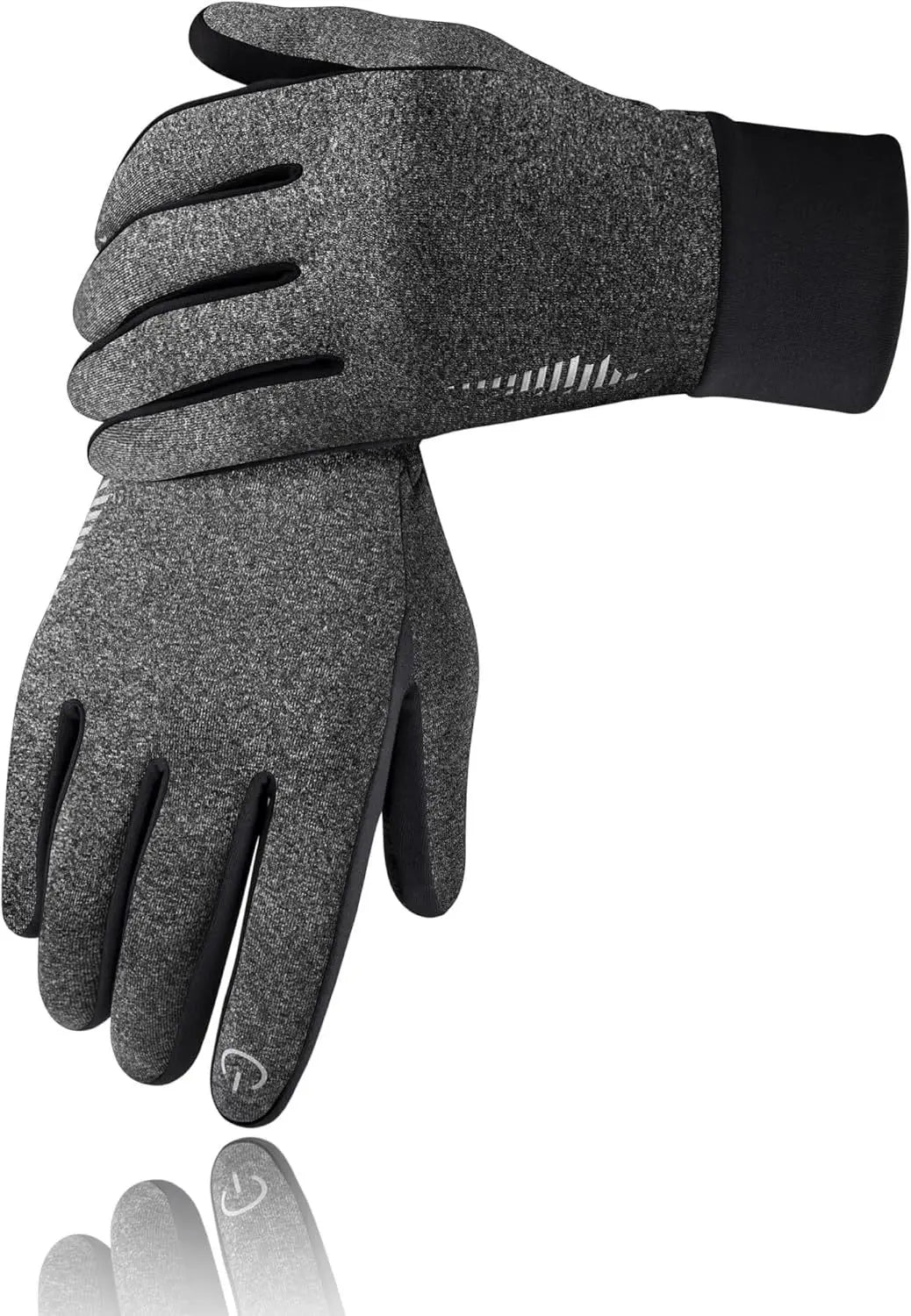 A close-up view of a pair of dark gray windproof fleece-lined touchscreen gloves.
