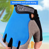 A hand wearing blue and gray fingerless gloves for sports or outdoor activities.