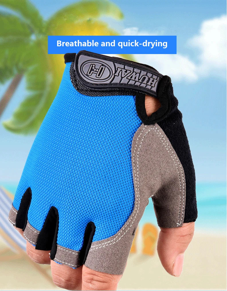 A hand wearing blue and gray fingerless gloves for sports or outdoor activities.
