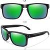 Front view of green polarized sunglasses with black frames shown at a 45-degree angle.