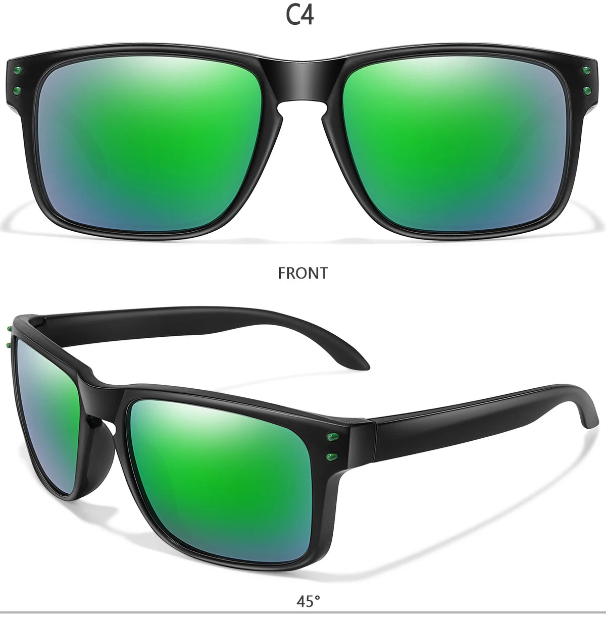 Front view of green polarized sunglasses with black frames shown at a 45-degree angle.