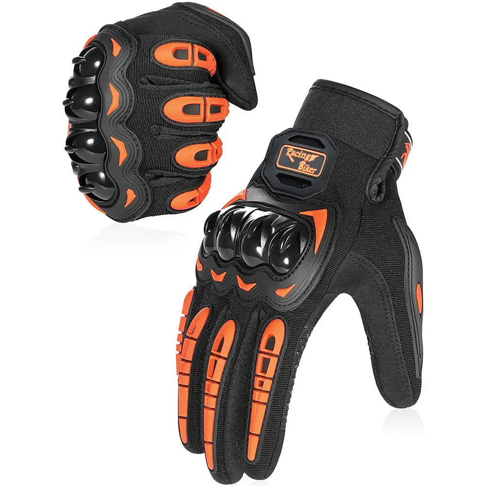 Black motorcycle riding gloves with orange accents and full finger protection
