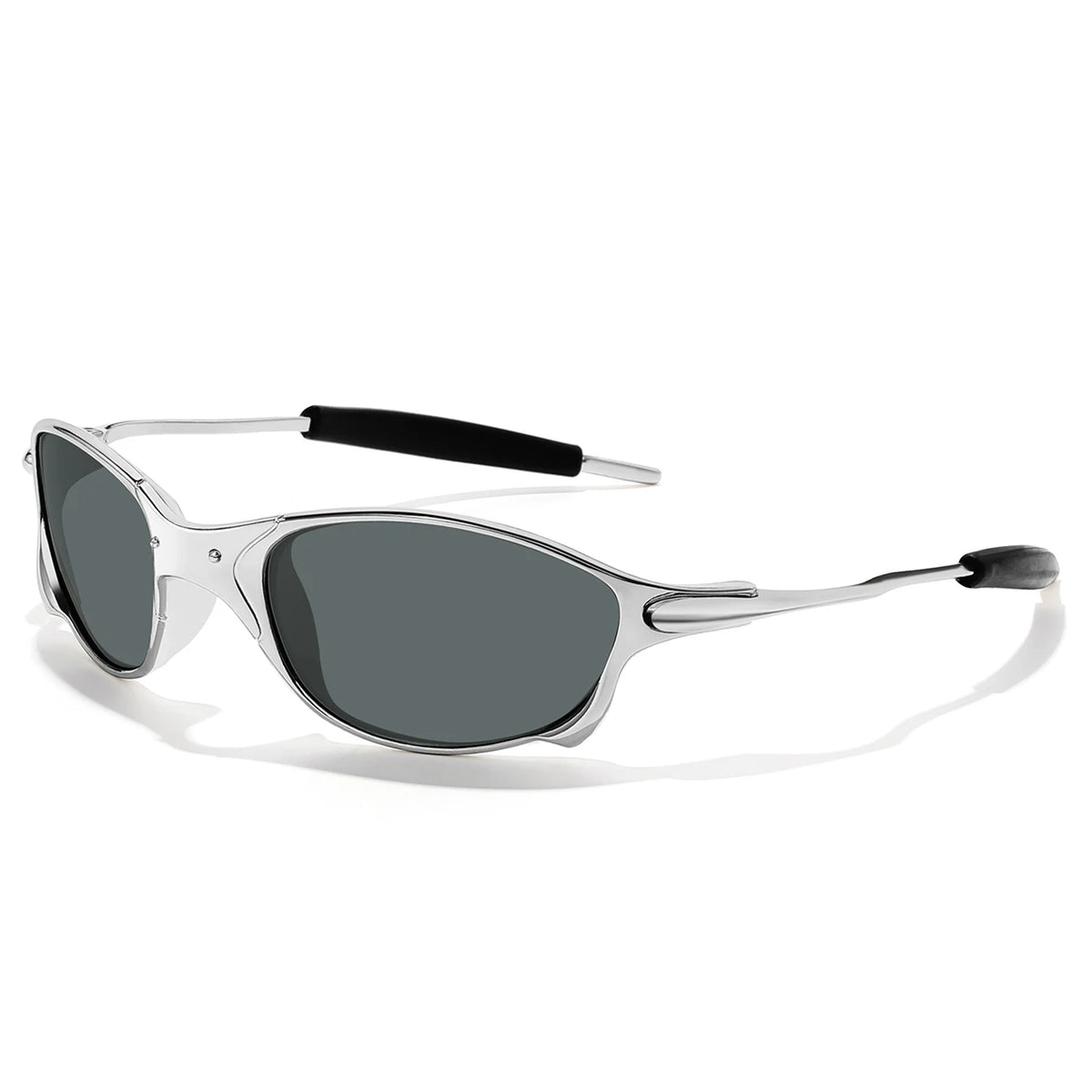 Gray sunglasses with a black temple and metal frame shown against a white background.