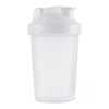 A white portable protein shaker bottle with a dome lid.