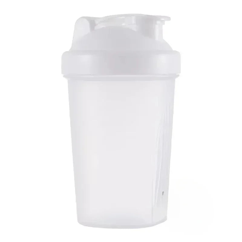 A white portable protein shaker bottle with a dome lid.