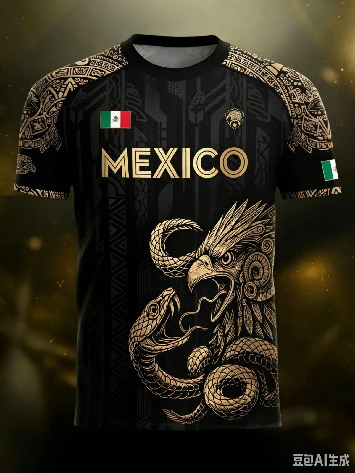 A black soccer jersey featuring a gold Mexico national team design with an Aztec calendar style pattern and a fierce eagle gr