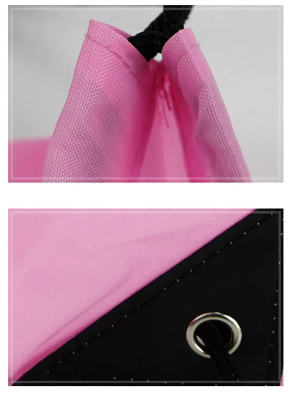 Close-up view of a pink multipurpose drawstring storage bag with a black cord and a silver ring.