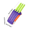 A purple carrot-shaped fidget stress relief toy with green tips and orange accents.