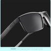 A pair of dark gray polarized rectangle sunglasses with a flexible arm shown against a black background.
