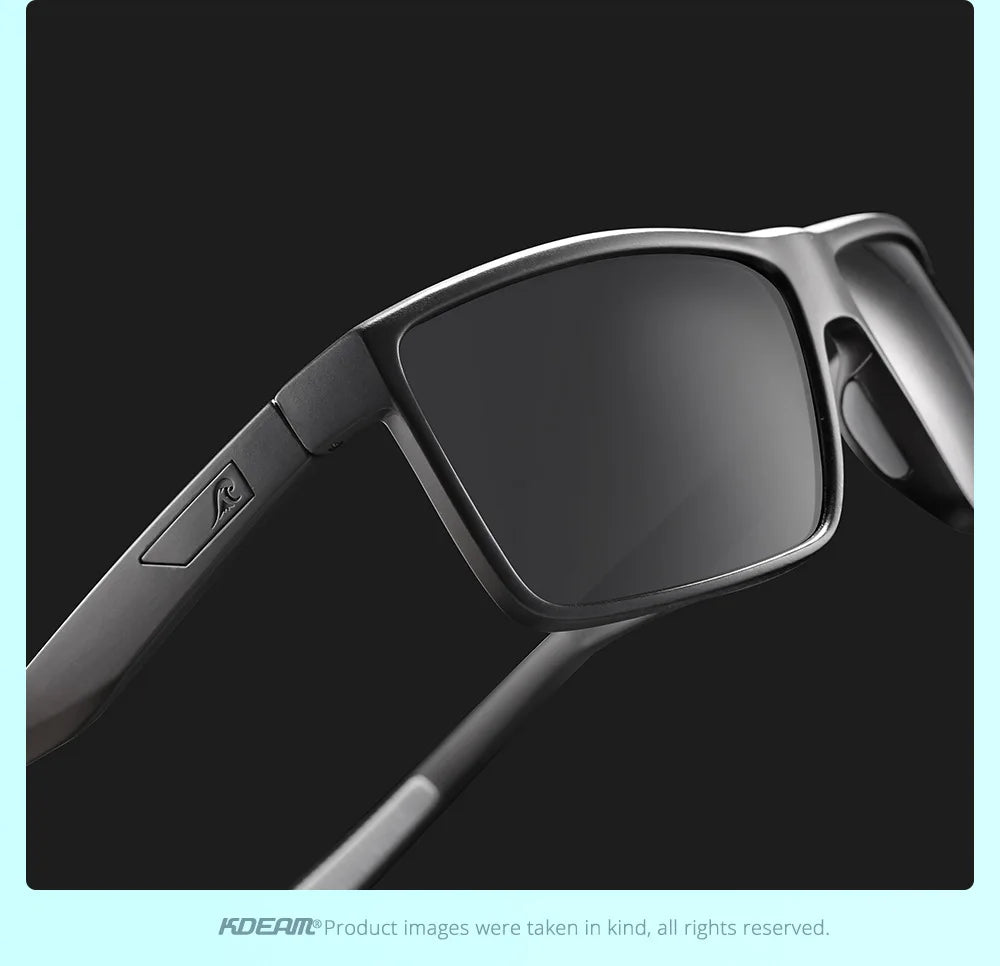 A pair of dark gray polarized rectangle sunglasses with a flexible arm shown against a black background.