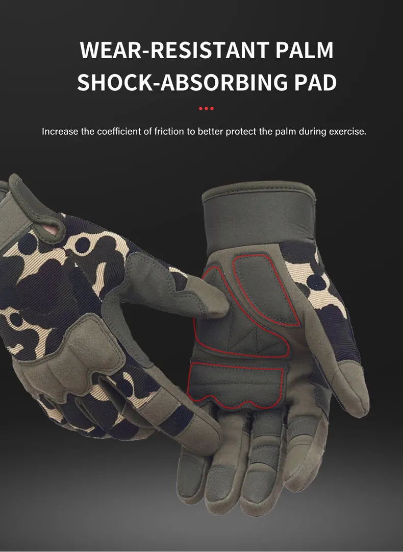 A close-up of a dark gray full finger mitten with a red shock-absorbing pad on the palm, shown in use.