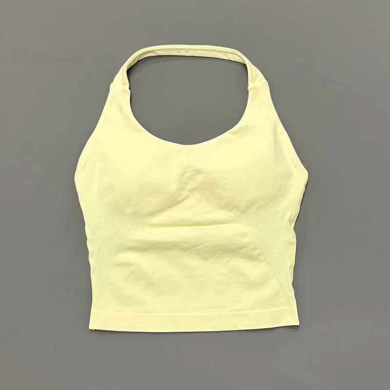 Helles gelbes, nahtloses Strick-Gym-Tanktop mit Rundhalsausschnitt und Ärmellosigkeit.