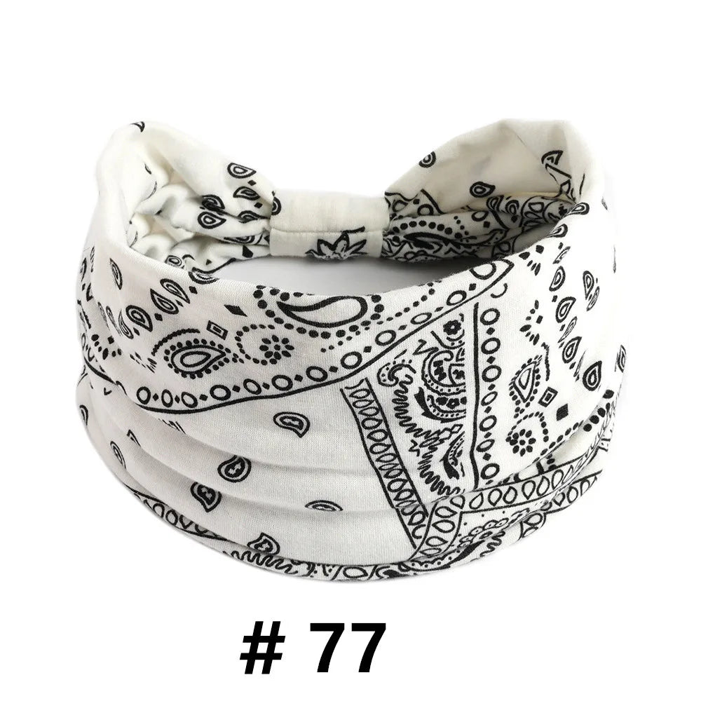 White cotton boho print headband tied in a knot
