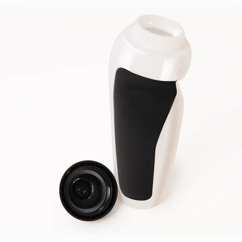 A white and black durable squeeze water bottle for cycling and sports.